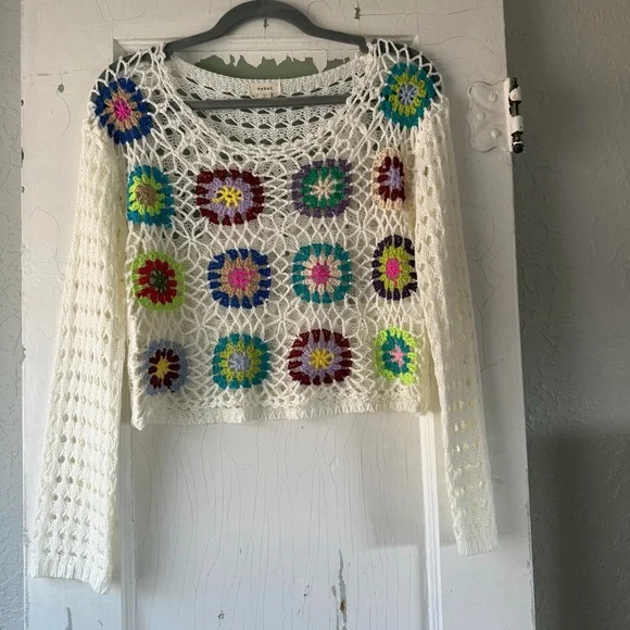Debut XS Crochet Granny Square Sweater Boho Festival Crop Top - Picture 1 of 7